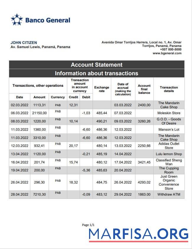 Printable Panama Banco General bank statement word sample